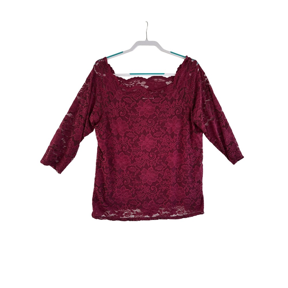 Womens Burgundy Lace Square Neck 3/4‎ Sleeve Top
